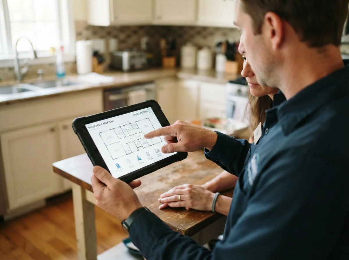 Water damage restoration technician inspecting a home in Blue Eye, MO